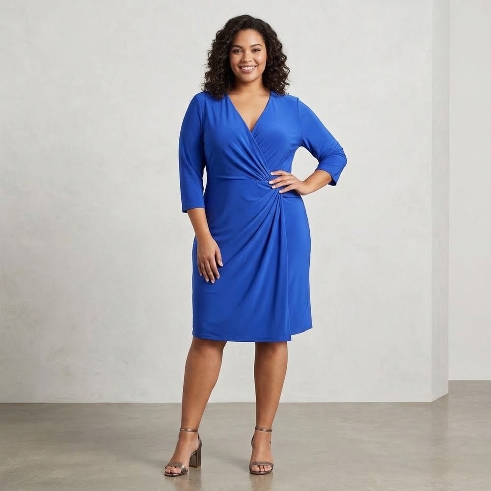 Lauren Ralph Lauren Faux Wrap Dress Women 18W Blue Jersey V-Neck 3/4 Sleeve